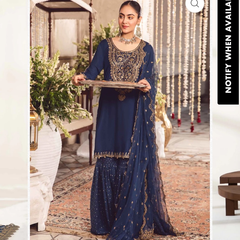 Navy Blue Embroidered Long Sleeve Women's Dress with Dupatta